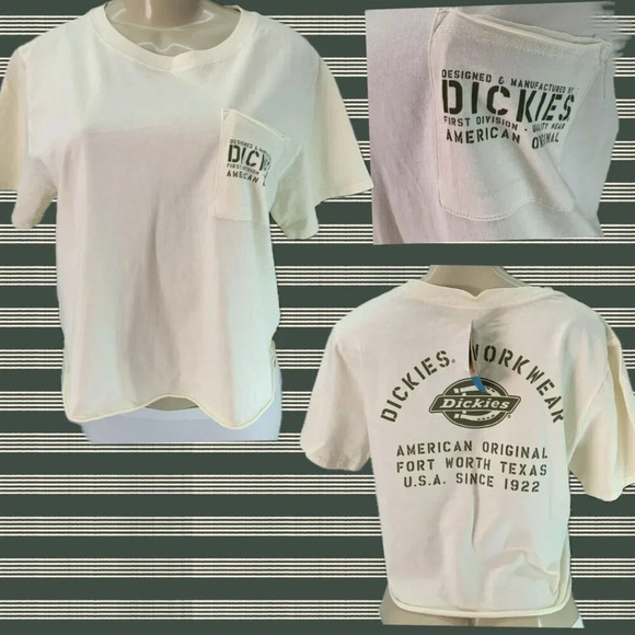 Dickies L Logo Eggshell Fort Worth TX Graphic Short Sleeve Relax Fit Crop Tee - Picture 1 of 7